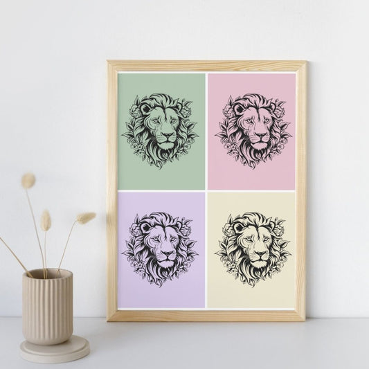 Affiche déco murale tête de lion style pop art graphique moderne pastel