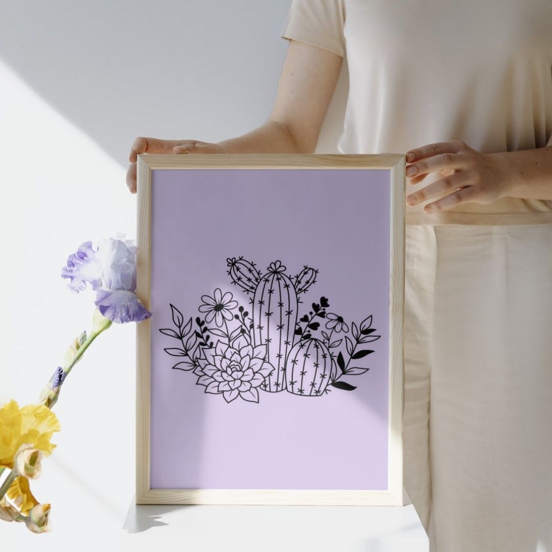 Poster cactus minimaliste fond lilas style moderne