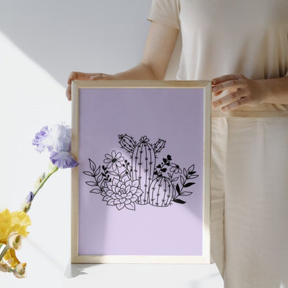 Poster cactus minimaliste fond lilas style moderne