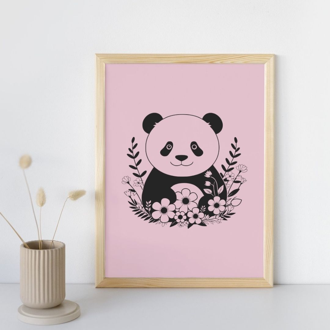 Affiche tendance panda noir et blanc style minimaliste pastel