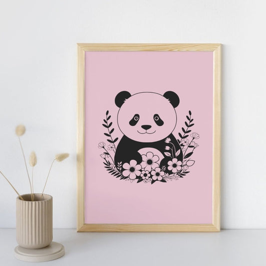 Affiche tendance panda noir et blanc style minimaliste pastel