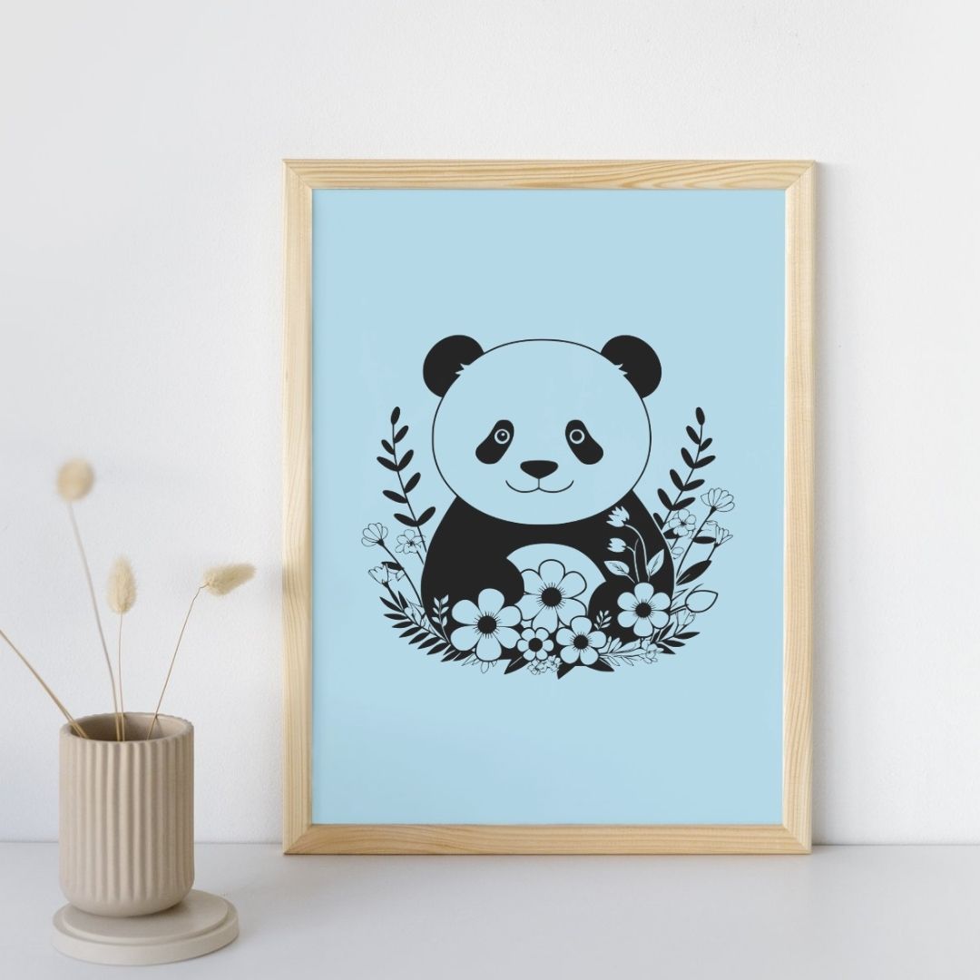 Poster déco panda illustration fleurie chambre bébé fille garçon