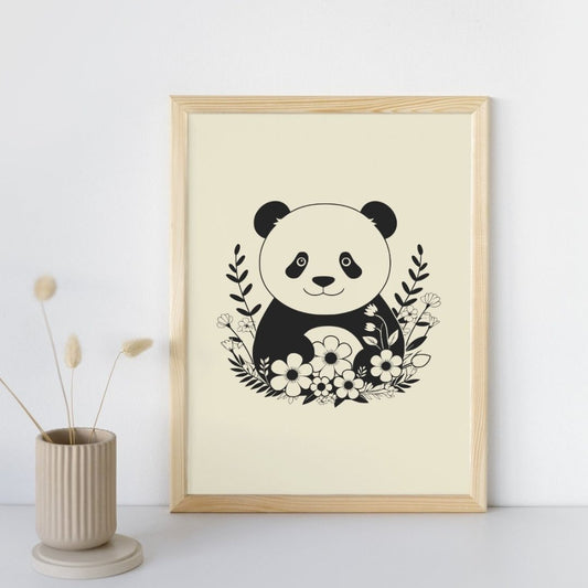 Affiche déco murale panda fleuri noir et blanc chambre enfant