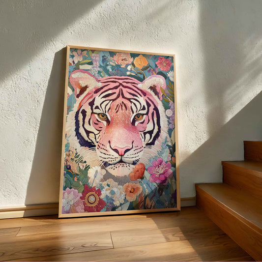 Poster mural jungle colorée avec tigre rose et décoration florale moderne