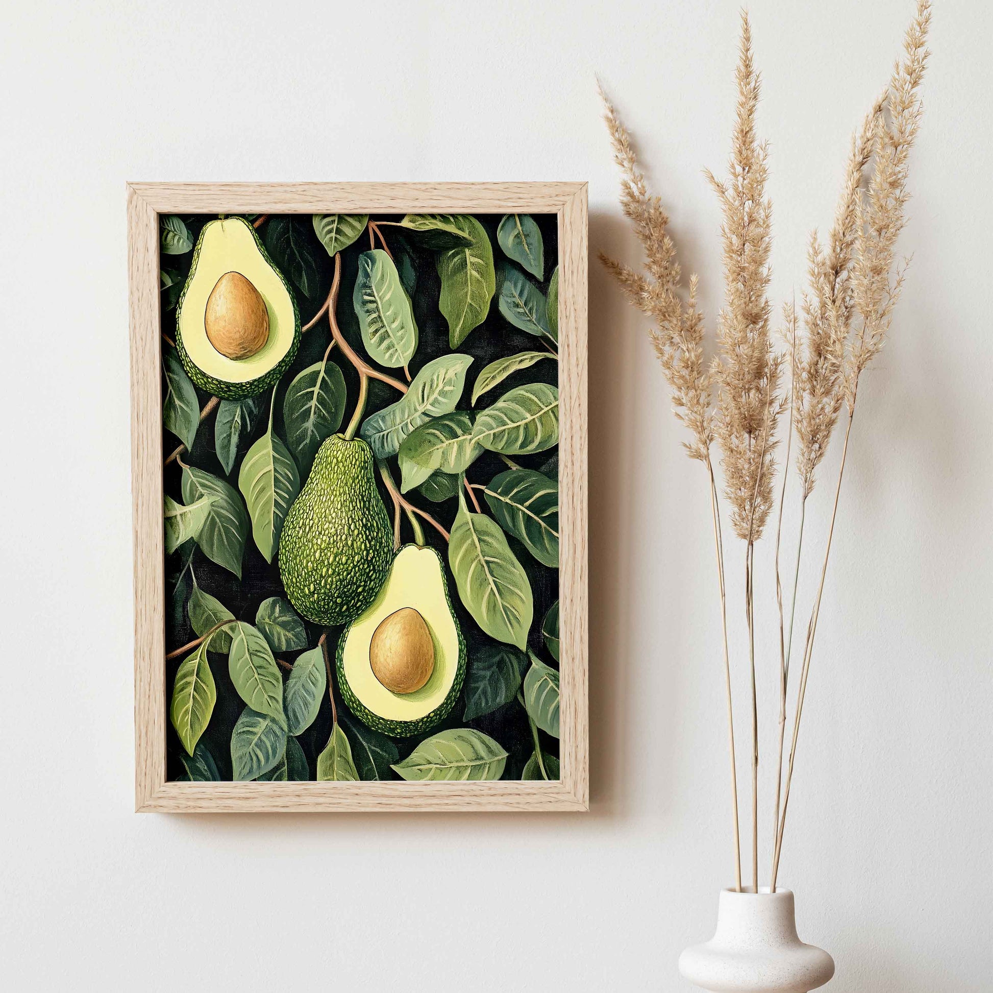 Affiche bohème scandinave avec illustration d’avocats et feuillage tropical – décoration murale cuisine