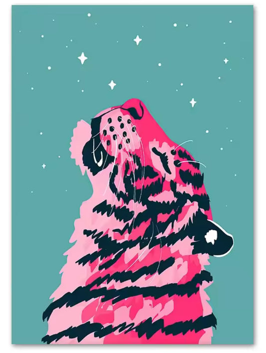 Affiche déco murale A3 tigre rose pop art regardant les étoiles sur fond bleu moderne