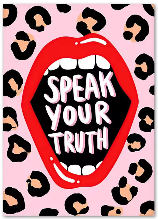 Affiche déco murale A3 bouche rouge pop art fond léopard rose avec texte Speak Your Truth