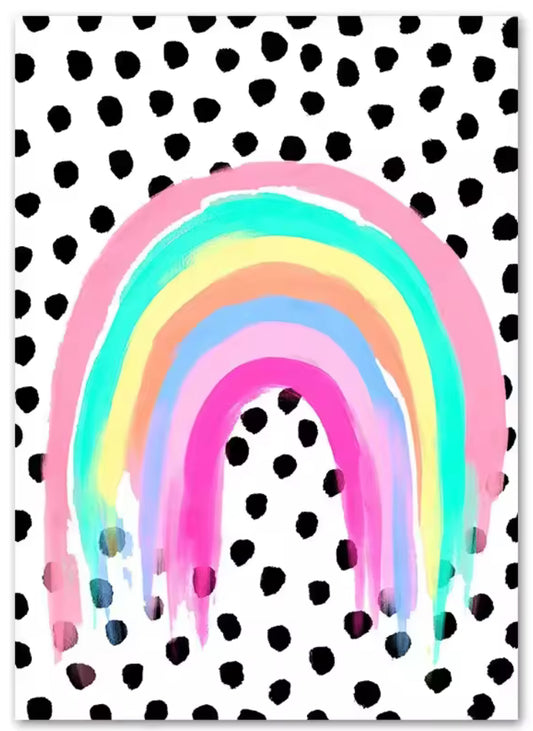 Affiche déco murale arc-en-ciel aquarelle fond pois noir blanc format A3 poster coloré