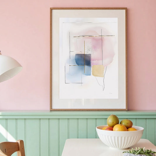 Affiche d’art abstrait aux tons pastel rose, bleu et doré pour décoration murale moderne