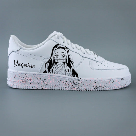 air force 1 custom Nezuko Kamado de Demon Slayer, éclaboussures rose et noire avec prénom personnalisé
