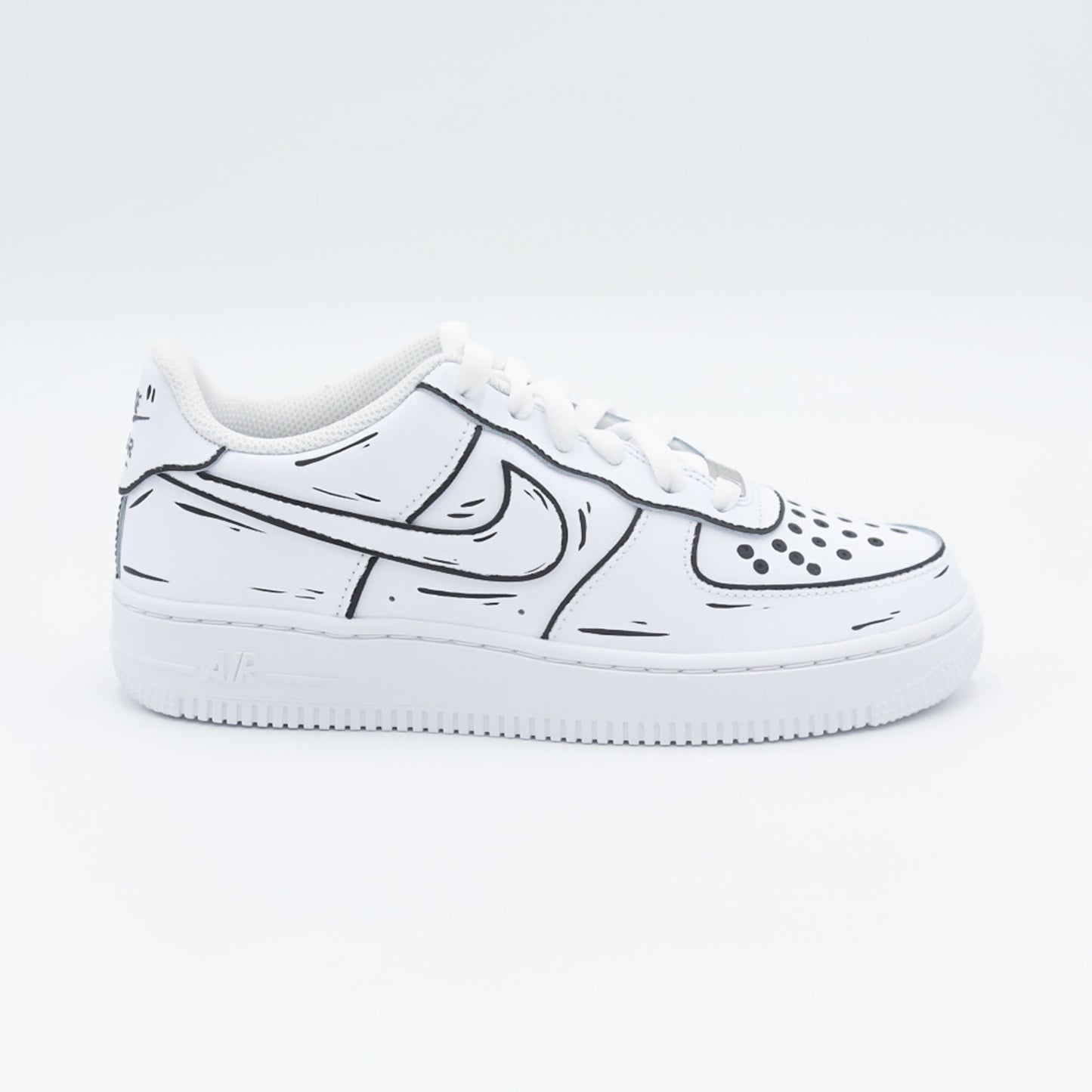 nike air force 1 custom cartoon noir et blanc effet sketch 3D sneaker dessin animé streetwear artistique peint à la main