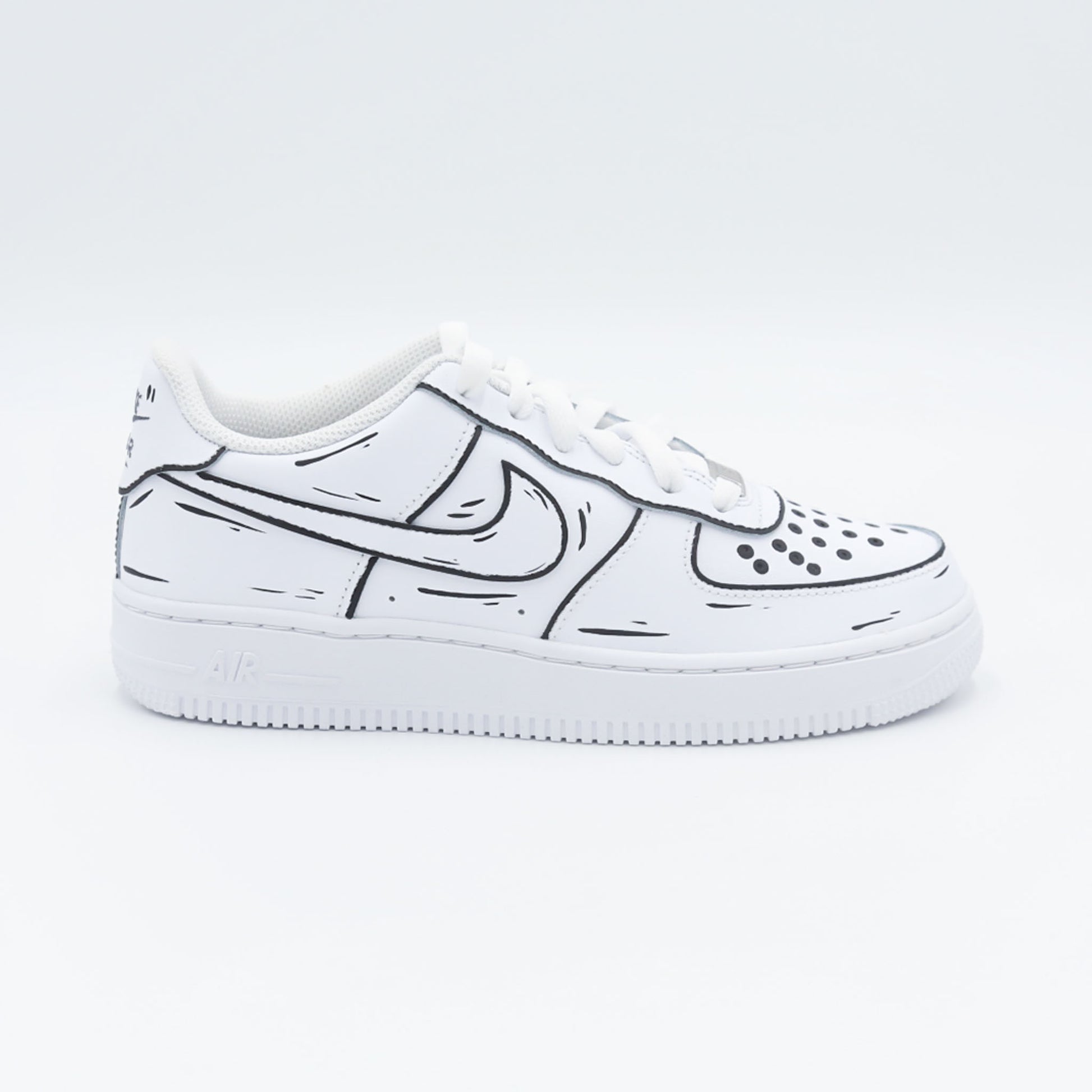 nike air force 1 custom cartoon noir et blanc effet sketch 3D sneaker dessin animé streetwear artistique peint à la main