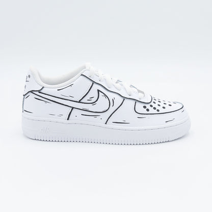 nike air force 1 custom cartoon noir et blanc effet sketch 3D sneaker dessin animé streetwear artistique peint à la main