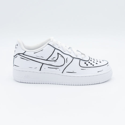 nike air force 1 custom cartoon noir et blanc effet sketch 3D sneaker dessin animé streetwear artistique peint à la main