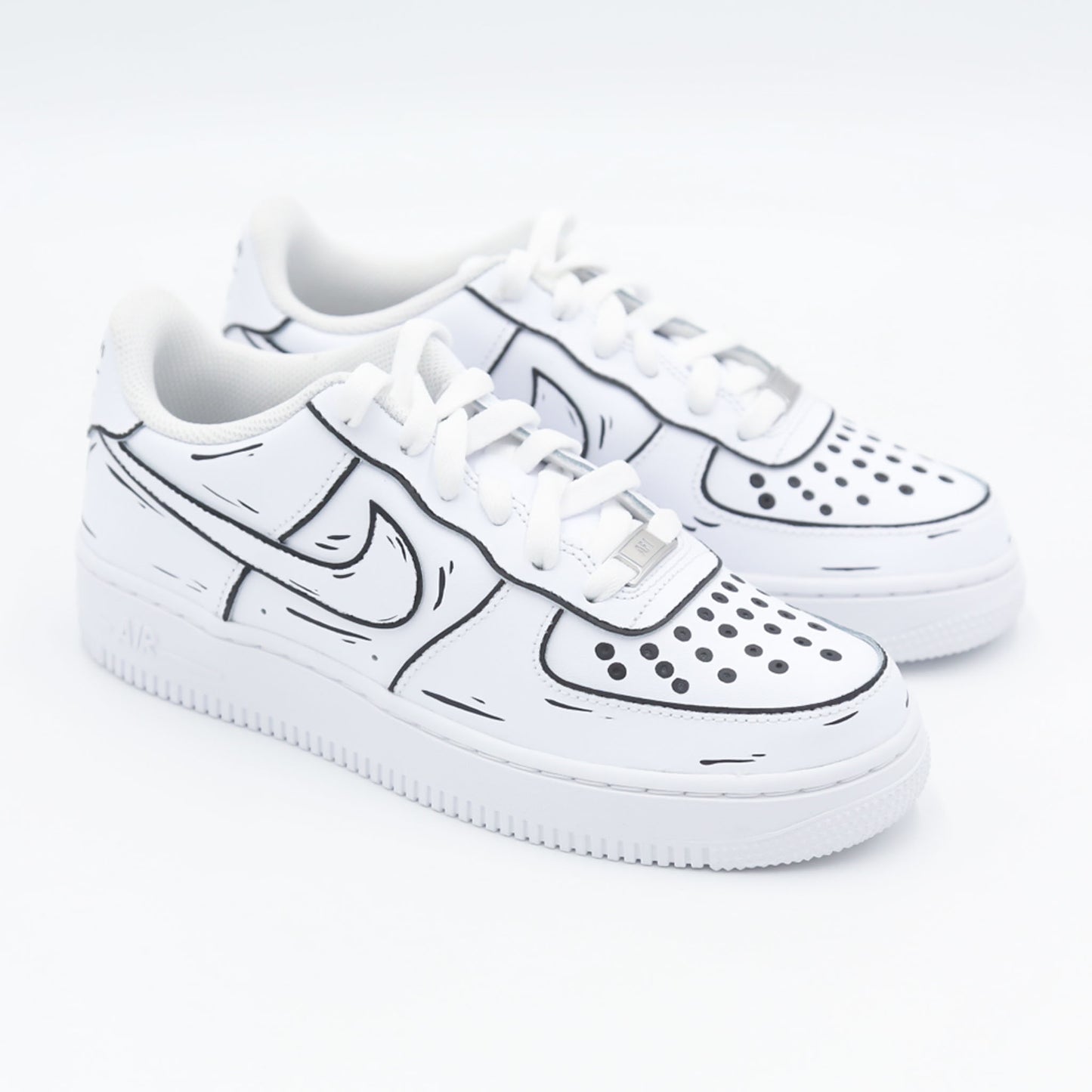 nike air force 1 custom cartoon noir et blanc effet sketch 3D sneaker dessin animé streetwear artistique peint à la main