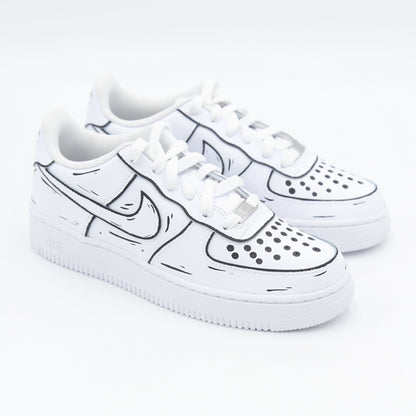 nike air force 1 custom cartoon noir et blanc effet sketch 3D sneaker dessin animé streetwear artistique peint à la main