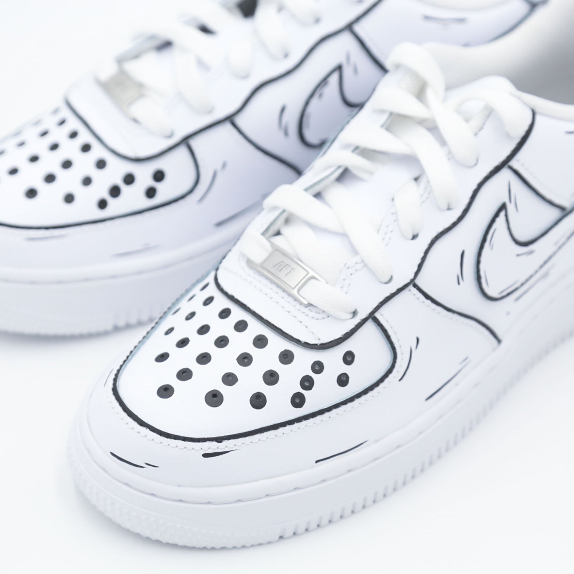 nike air force 1 custom cartoon noir et blanc effet sketch 3D sneaker dessin animé streetwear artistique peint à la main