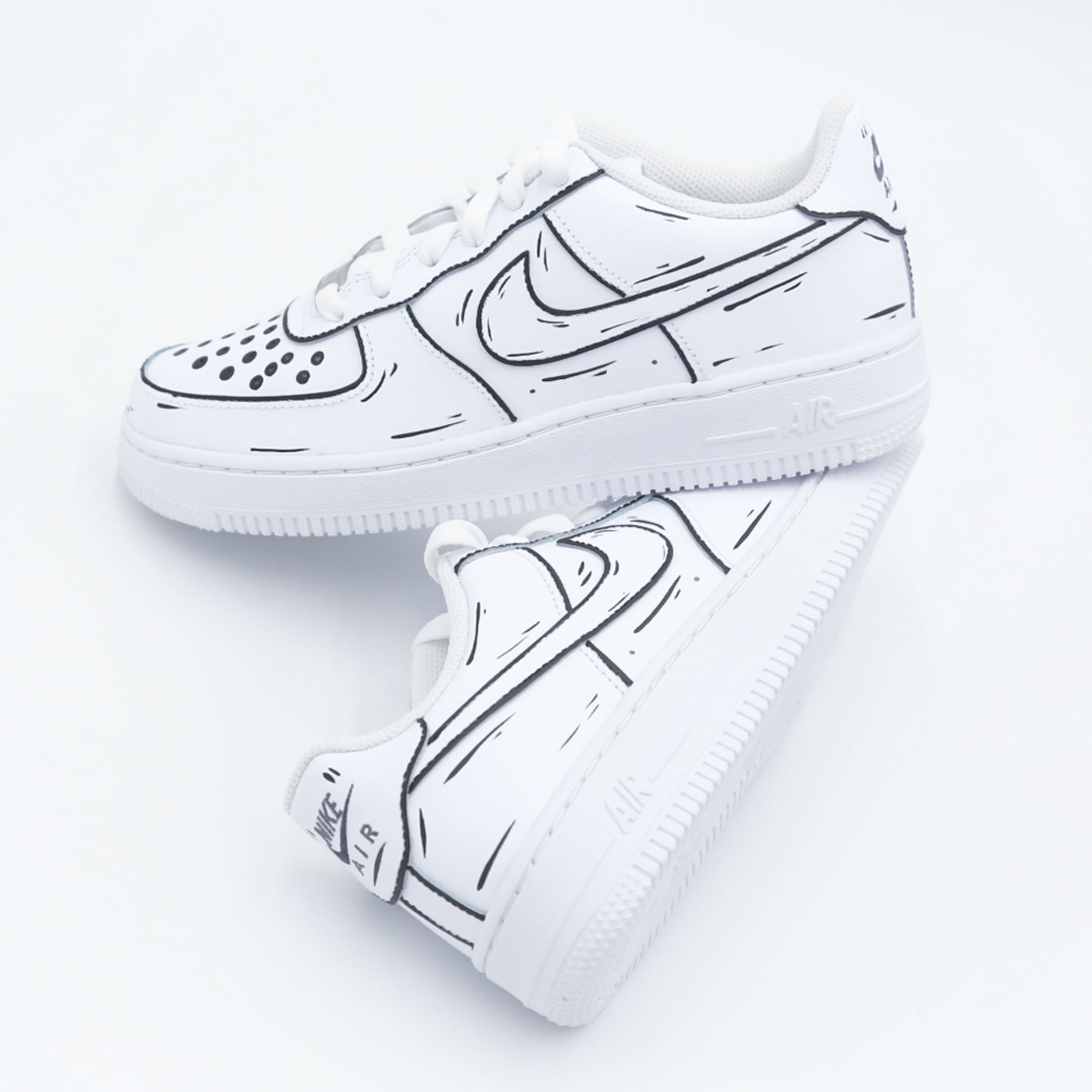 nike air force 1 custom cartoon noir et blanc effet sketch 3D sneaker dessin animé streetwear artistique peint à la main