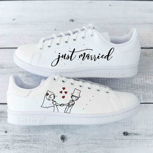 Baskets Adidas Stan smith Custom mariage inscription "Just Married" et dessin de futurs mariés