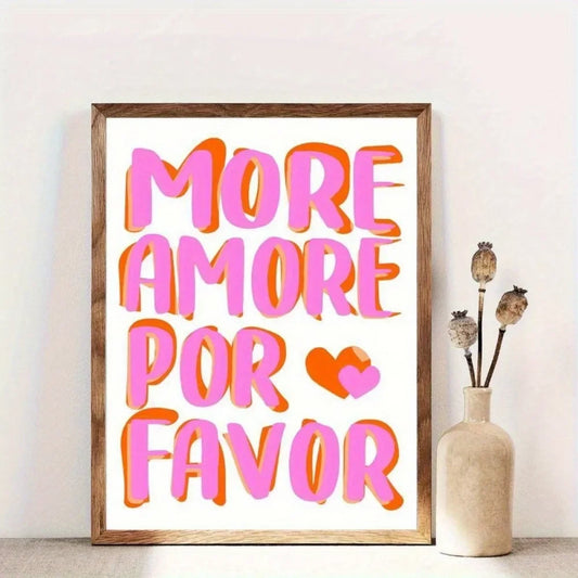 Affiche typographique colorée avec le texte More Amore Por Favor en rose et orange, style moderne et contemporain