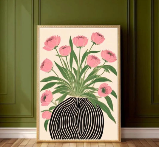 Affiche florale moderne représentant un vase noir graphique avec des fleurs roses élégantes, style décoratif contemporain