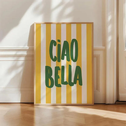 Affiche murale typographie Ciao Bella avec rayures jaunes et blanches – décoration italienne moderne