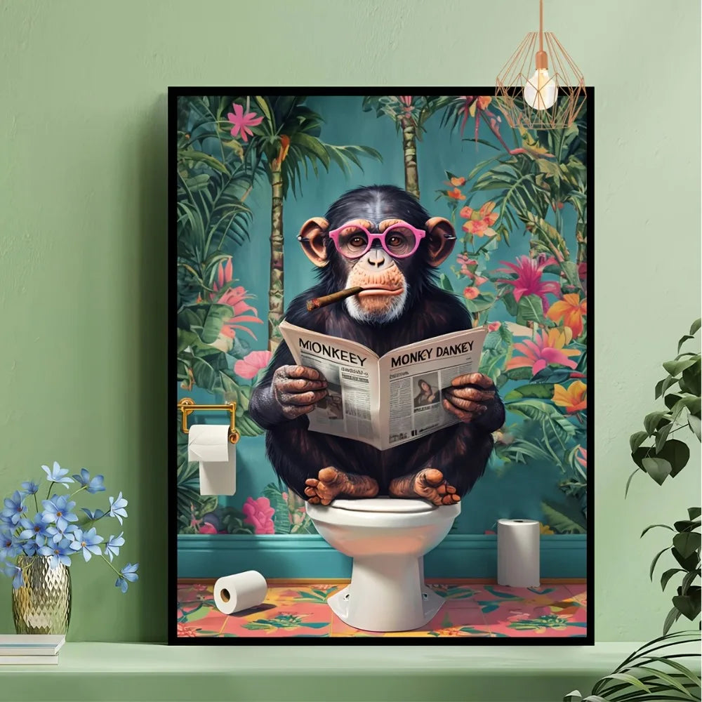 Affiche déco jungle humoristique singe lunettes roses sur toilettes avec journal, poster mural original pour salle de bain ou WC