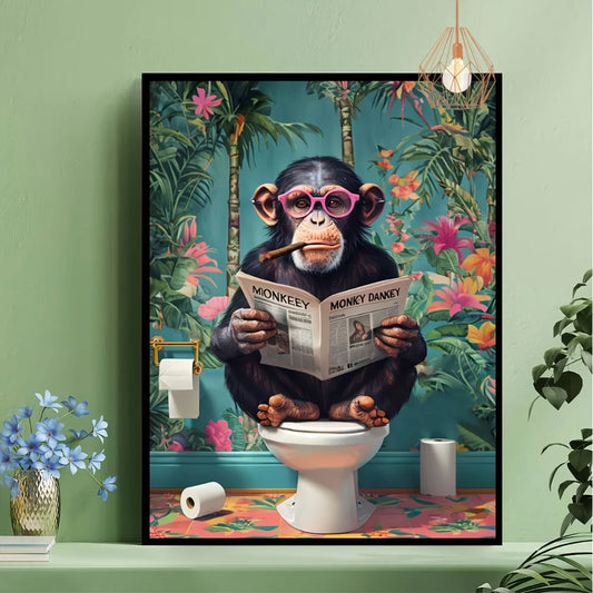 Affiche déco jungle humoristique singe lunettes roses sur toilettes avec journal, poster mural original pour salle de bain ou WC