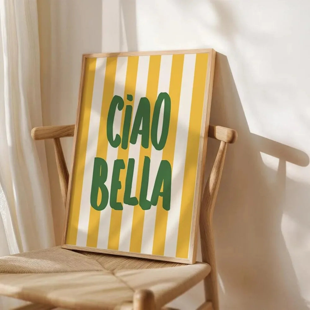 Affiche murale typographie Ciao Bella avec rayures jaunes et blanches – décoration italienne moderne