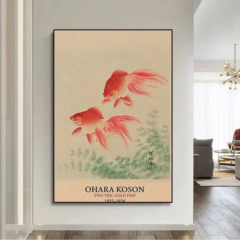 Estampe japonaise originale Ohara Koson poissons rouges illustration fine