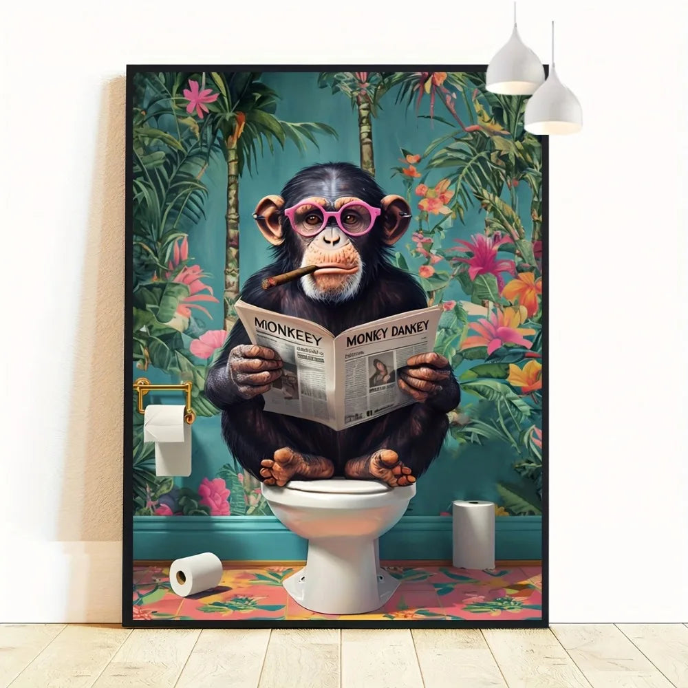 Affiche déco jungle humoristique singe lunettes roses sur toilettes avec journal, poster mural original pour salle de bain ou WC