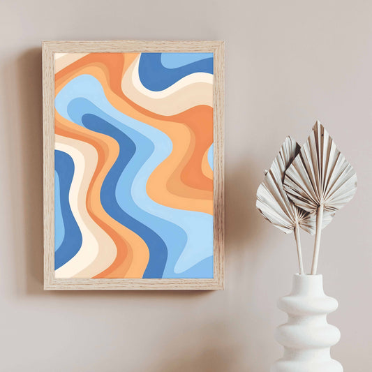 Affiche abstraite aux courbes fluides en orange et bleu pour décoration murale moderne et design