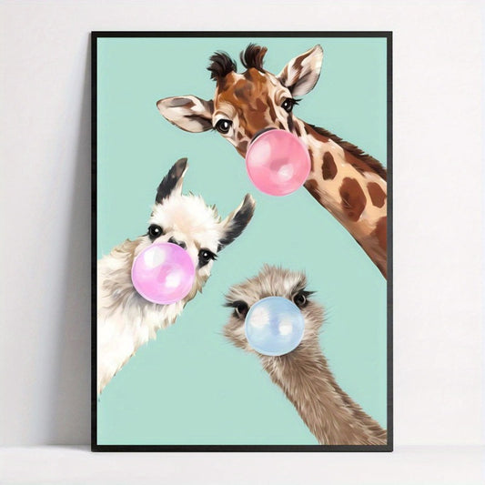 Affiche murale girafe lama et autruche soufflant des bulles de chewing-gum, décoration murale fun et colorée au style pop art.
