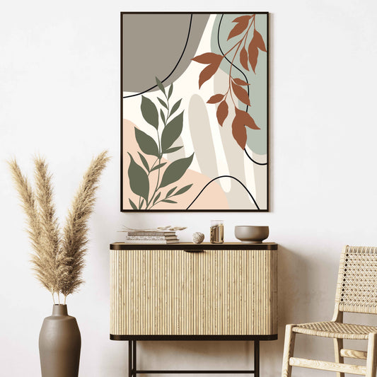 Affiche bohème chic murale soleil terracotta et feuilles minimalistes