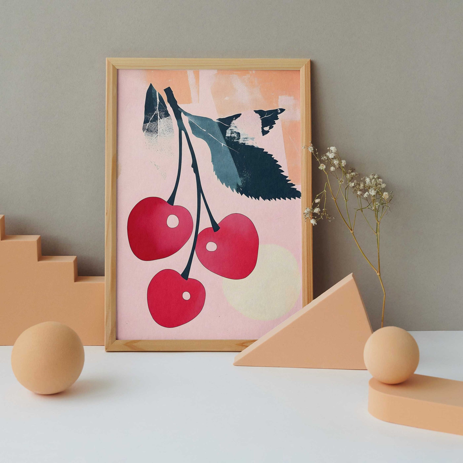 Affiche murale bohème scandinave représentant une branche de cerises rouges, style boho chic moderne.