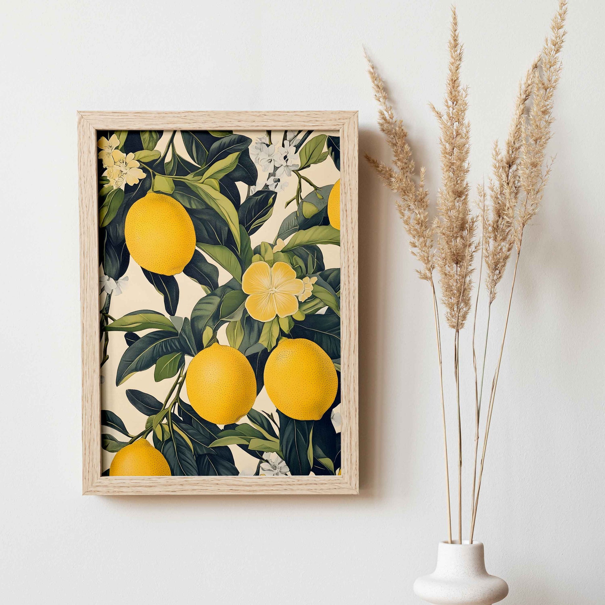 Affiche bohème scandinave avec citrons jaunes sur feuillage vert – décoration murale cuisine estivale