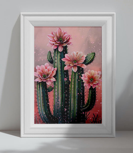 affiche cactus fleuri rose pastel illustration botanique décoration murale bohème chic