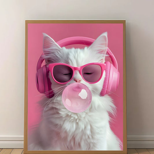Affiche décorative chat funky avec lunettes de soleil, casque rose et chewing-gum bubble gum, style girly et pop.
