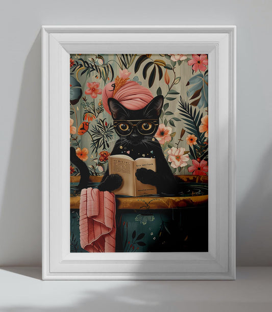 affiche chat noir bohème tropical illustration vintage fleurs exotiques décoration murale