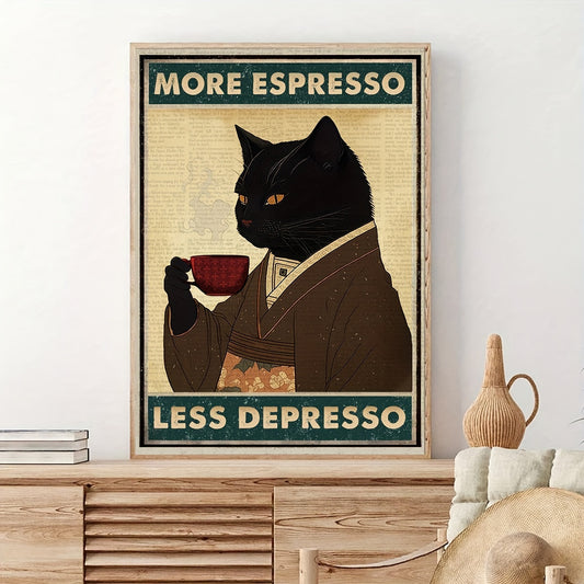 Affiche vintage “Black Cat Espresso” représentant un chat noir stylisé, décor rétro et ambiance café