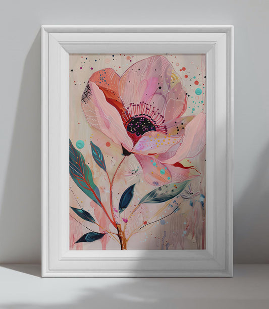 Affiche murale fleur abstraite moderne et colorée en tons roses et bleus