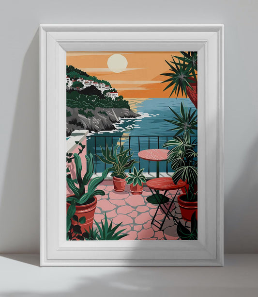Affiche murale méditerranéenne avec terrasse et coucher de soleil en bord de mer