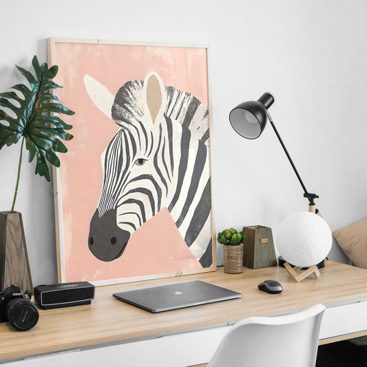 Affiche murale zèbre moderne sur fond rose pour décoration intérieure tendance
