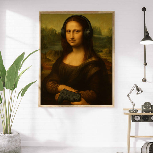 Affiche Mona Lisa gaming avec manette PS5 – Poster déco geek et moderne