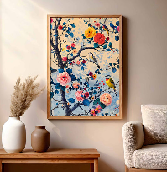 Affiche murale bohème scandinave avec fleurs colorées et oiseaux vintage pour décoration intérieure tendance