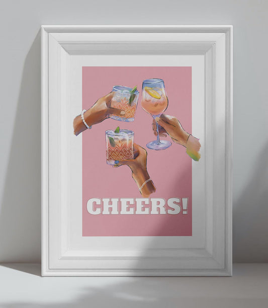 Affiche murale Cheers avec illustration moderne de cocktails sur fond rose – décoration murale festive