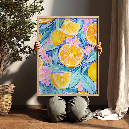 Affiche murale citrons fleurs roses déco méditerranéenne fruitée