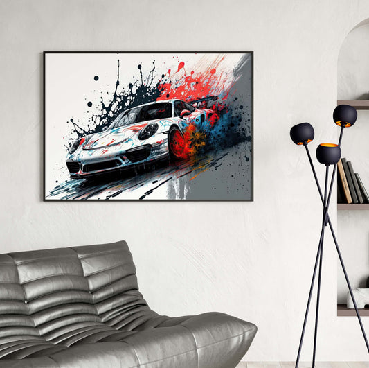 Affiche murale Porsche 911 GT3 RS voiture sportive splash art décoration moderne
