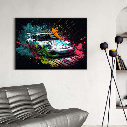 Affiche murale Porsche 911 voiture sportive splash art décoration moderne