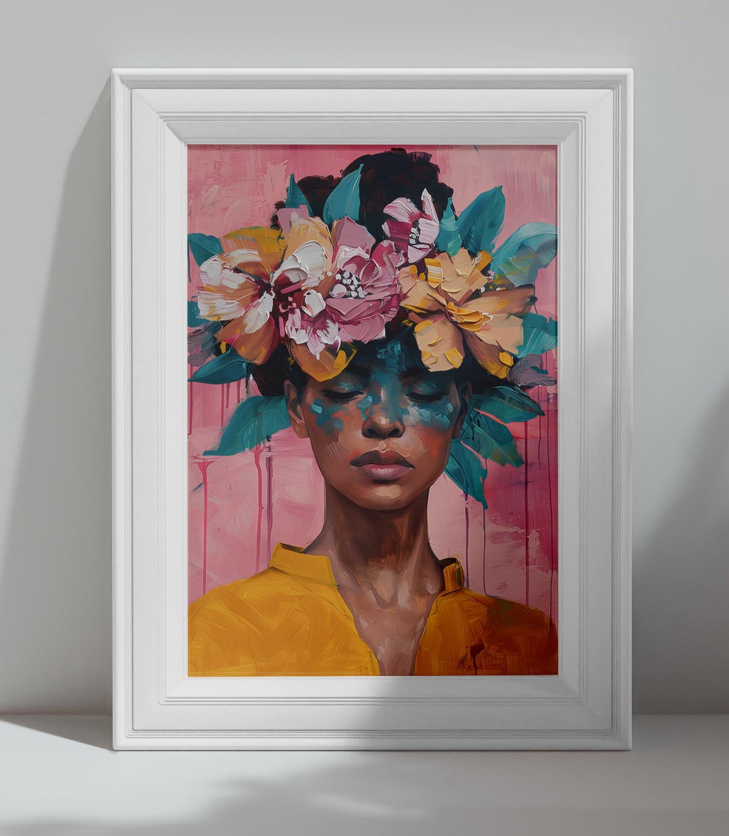Affiche portrait femme artistique moderne avec fleurs colorées